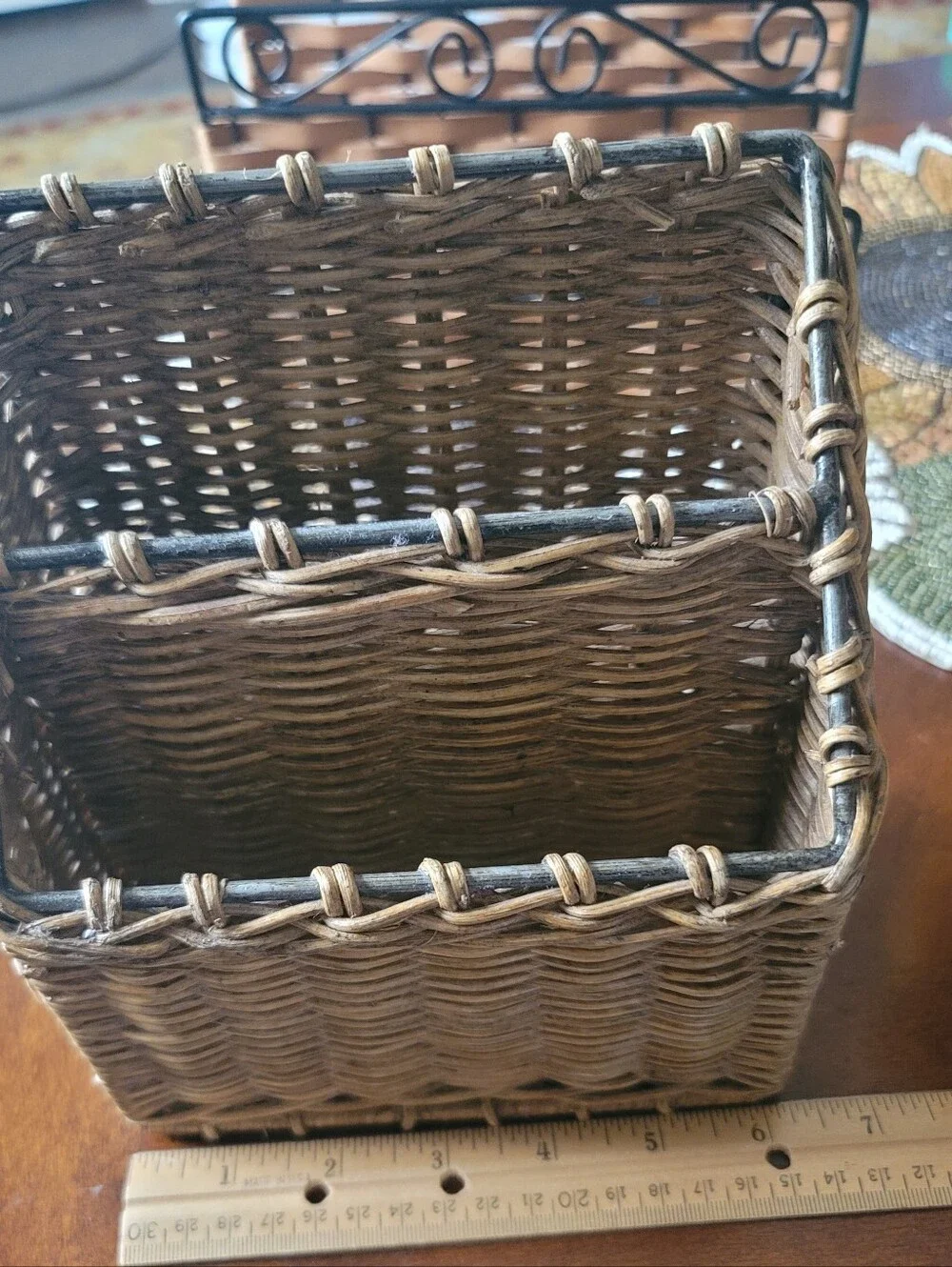 Wicker & Metal Letter/Pen Holder & File Holder & a Hand Woven Basket w/liner.